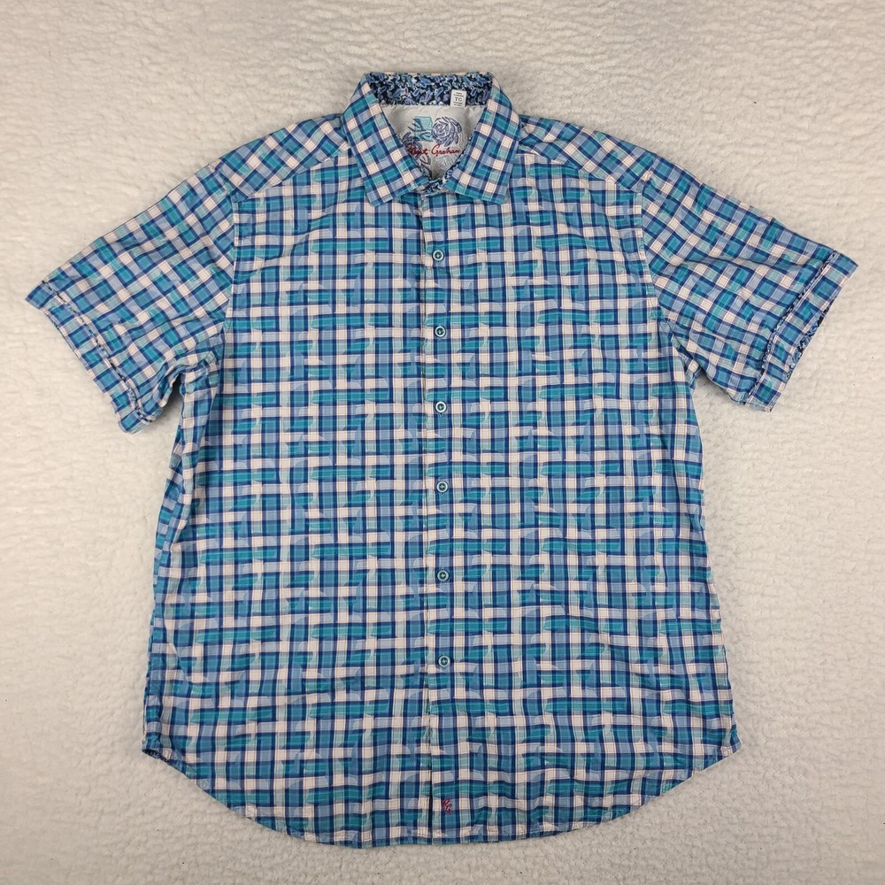 Robert Graham Dress Shirt Mens XL Blue Plaid Geometric Hawaiian Button Up
